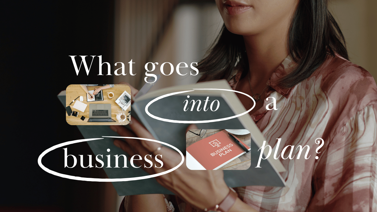 woman with notebook and title what goes into a business plan